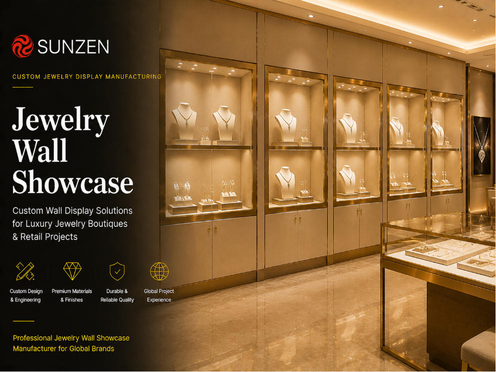 Luxury custom jewelry wall showcase manufactured by SUNZEN for wall-mounted and built-in boutique jewelry displays